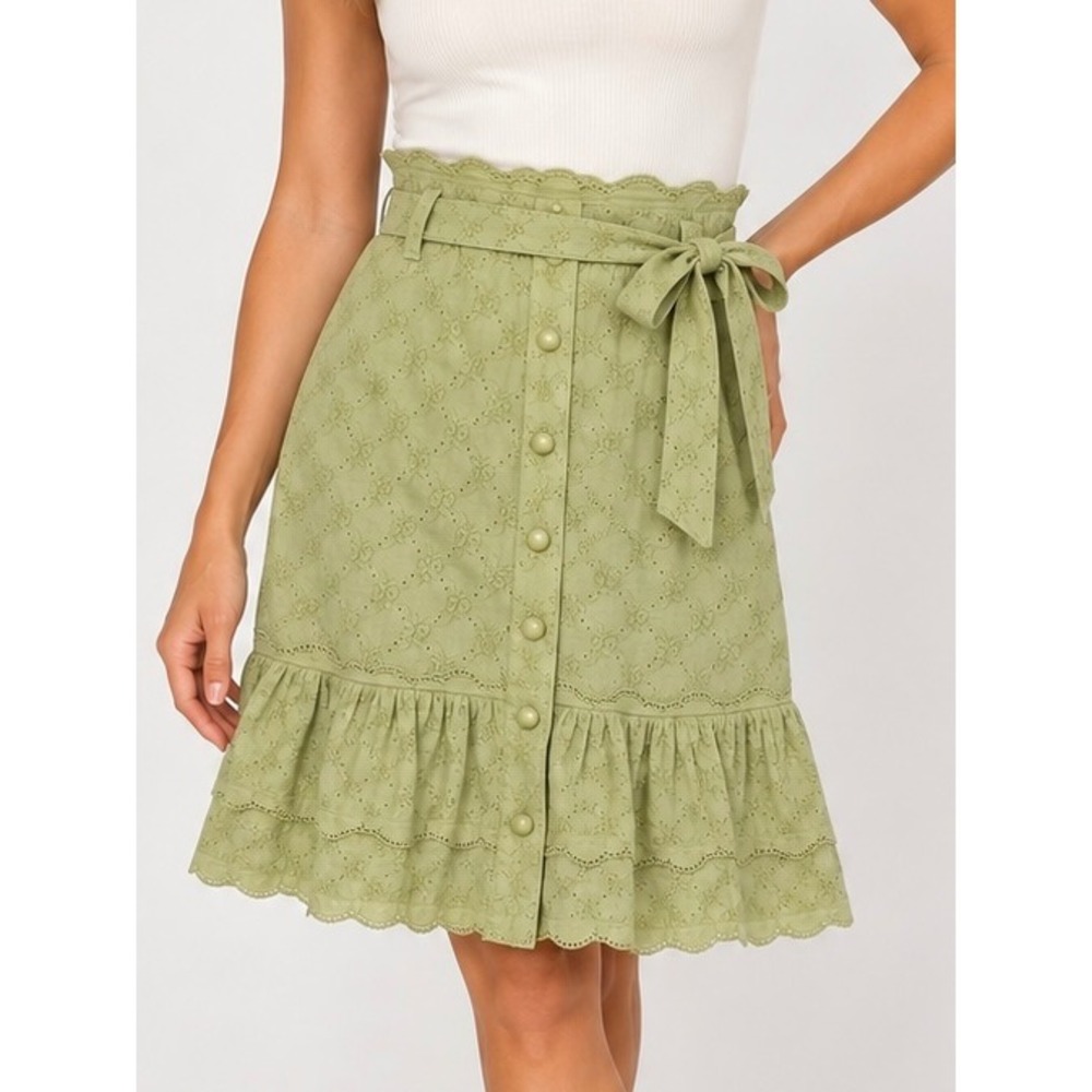 Odille Anthro Eyelet Midi Skirt 2 Sage Green Embroidered Button Front Ruffle